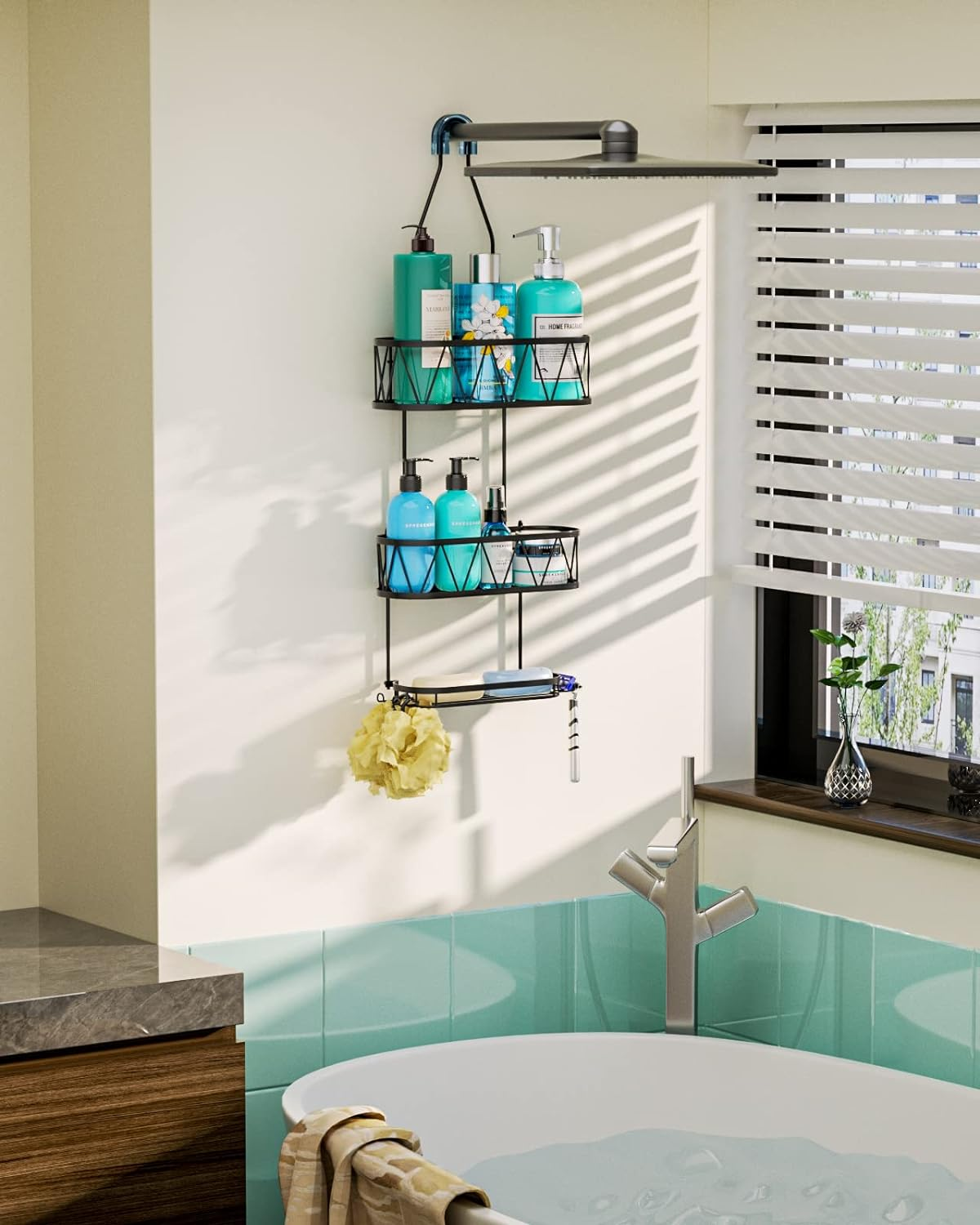 Shower Caddy over Shower Head, Rustproof & Waterproof Hanging Shower Caddy wif Soap Holder & 4 Hooks, No Drilling Hanging Shower