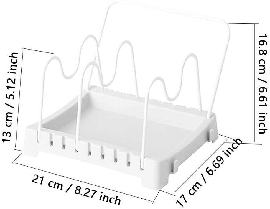 Pot Lid Stand Rack /Holder/Organizer,with 3 Adjustable Dividers 1Hanging Dry Cloth shelf for Kitchen cabinet,Cut Board,Pan cover