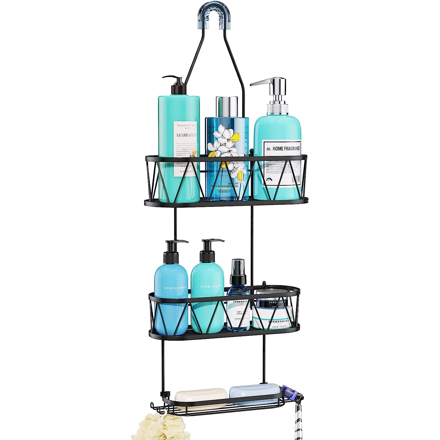 Shower Caddy over Shower Head, Rustproof & Waterproof Hanging Shower Caddy wif Soap Holder & 4 Hooks, No Drilling Hanging Shower