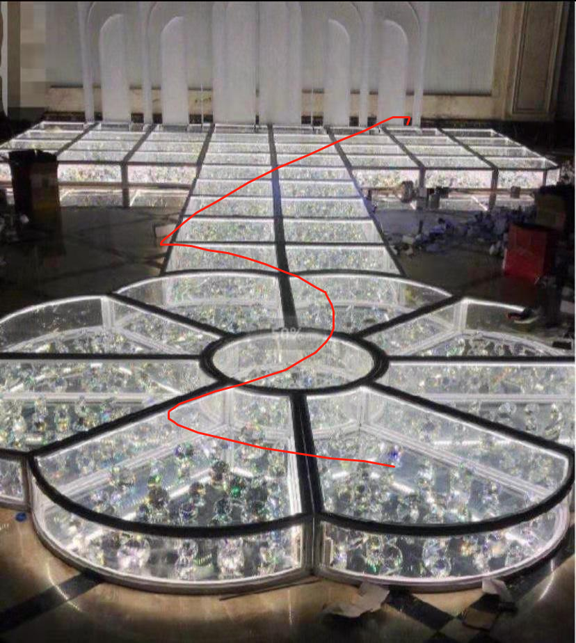 YC-PF01 Easy Assemble Square Shape Diamond Tempered Glass Wedding Stage Runway with Flower and Light Decoration platform