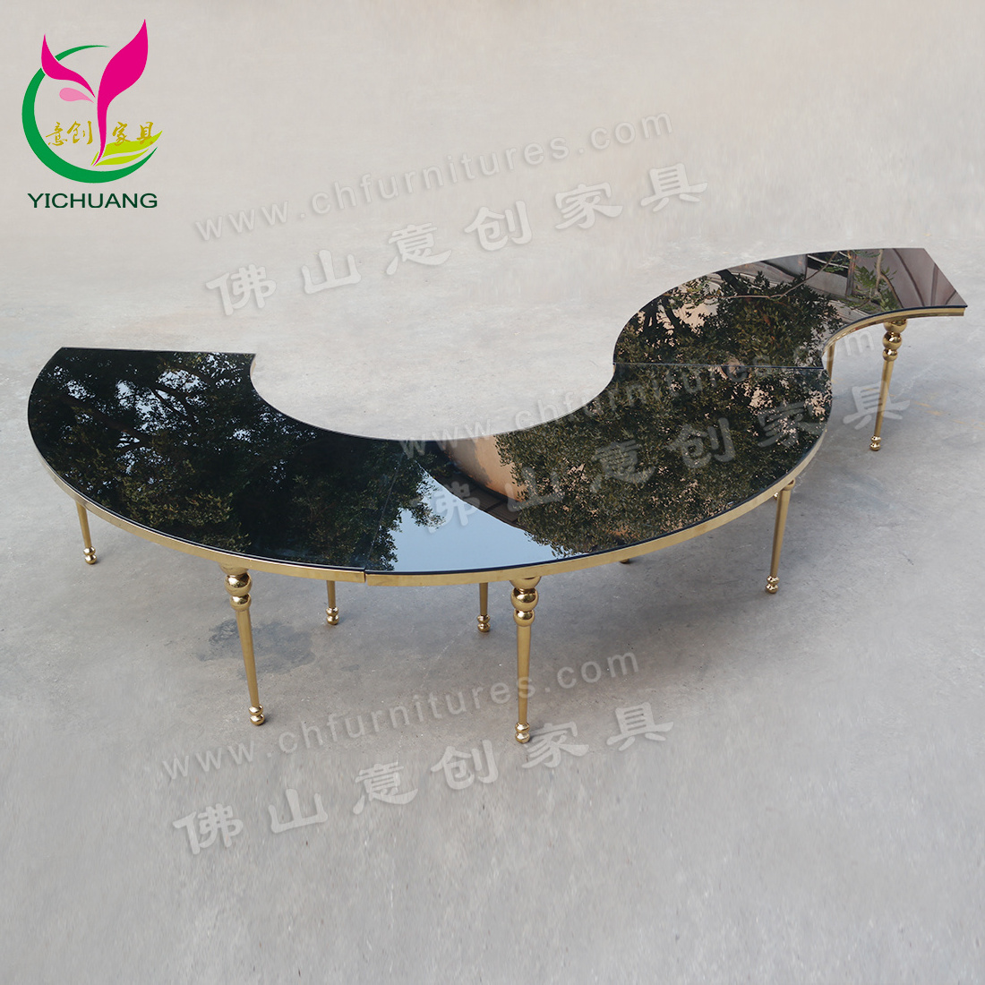 HC-ST40S Golden stainless steel luxury hotel dining serpentine table with tempered glass