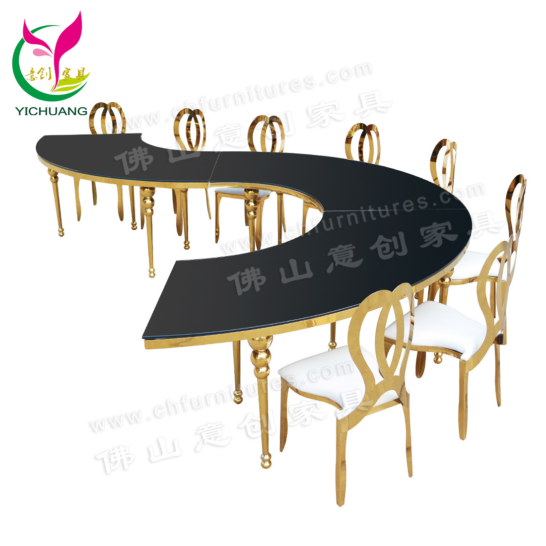 HC-ST40S Golden stainless steel luxury hotel dining serpentine table with tempered glass