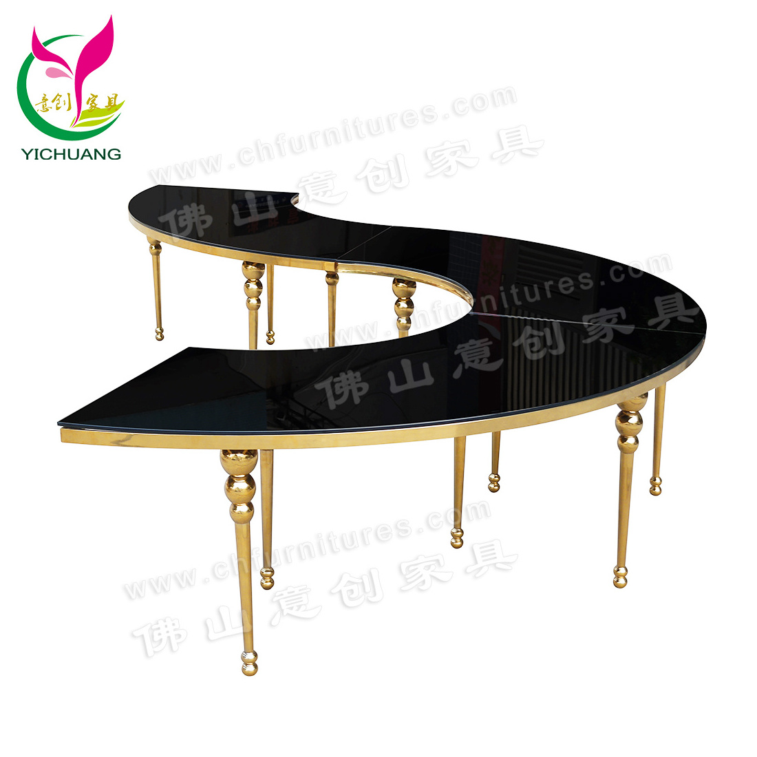 HC-ST40S Golden stainless steel luxury hotel dining serpentine table with tempered glass