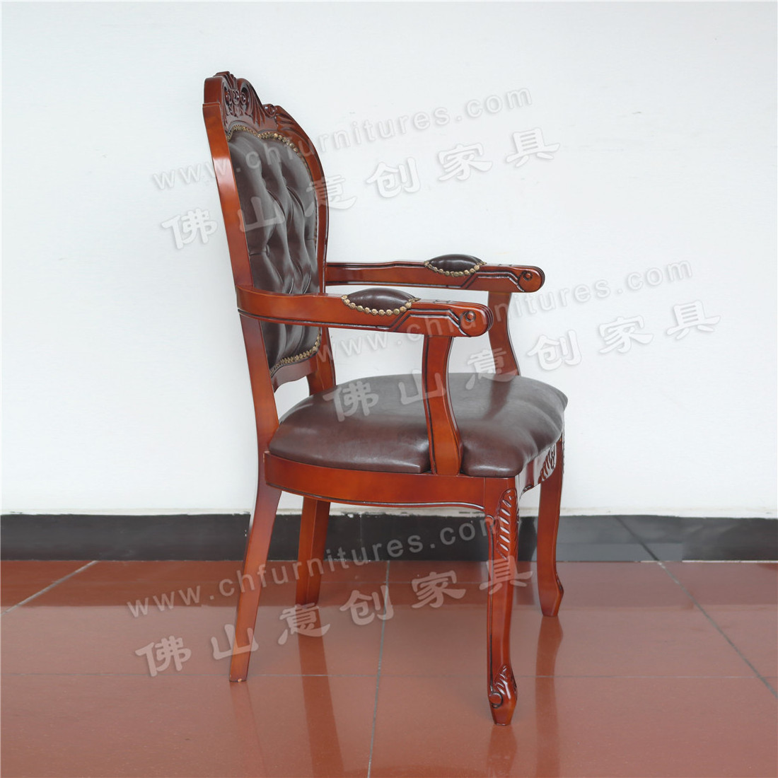 European Style Leather Solid Wood Retro Leather Seat Bag Hotel Restaurant Armrest Dining Chair