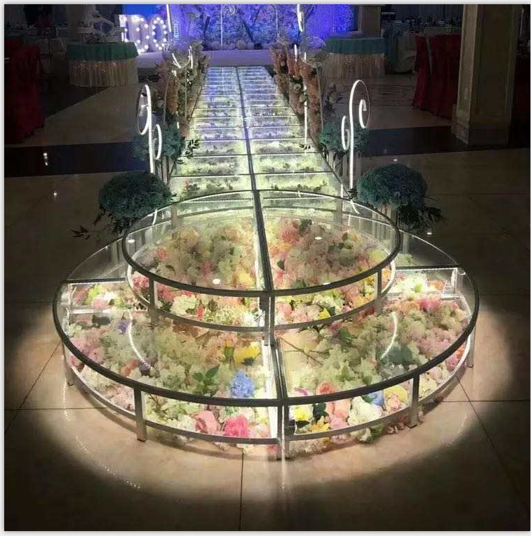 YC-PF01 Easy Assemble Square Shape Diamond Tempered Glass Wedding Stage Runway with Flower and Light Decoration platform