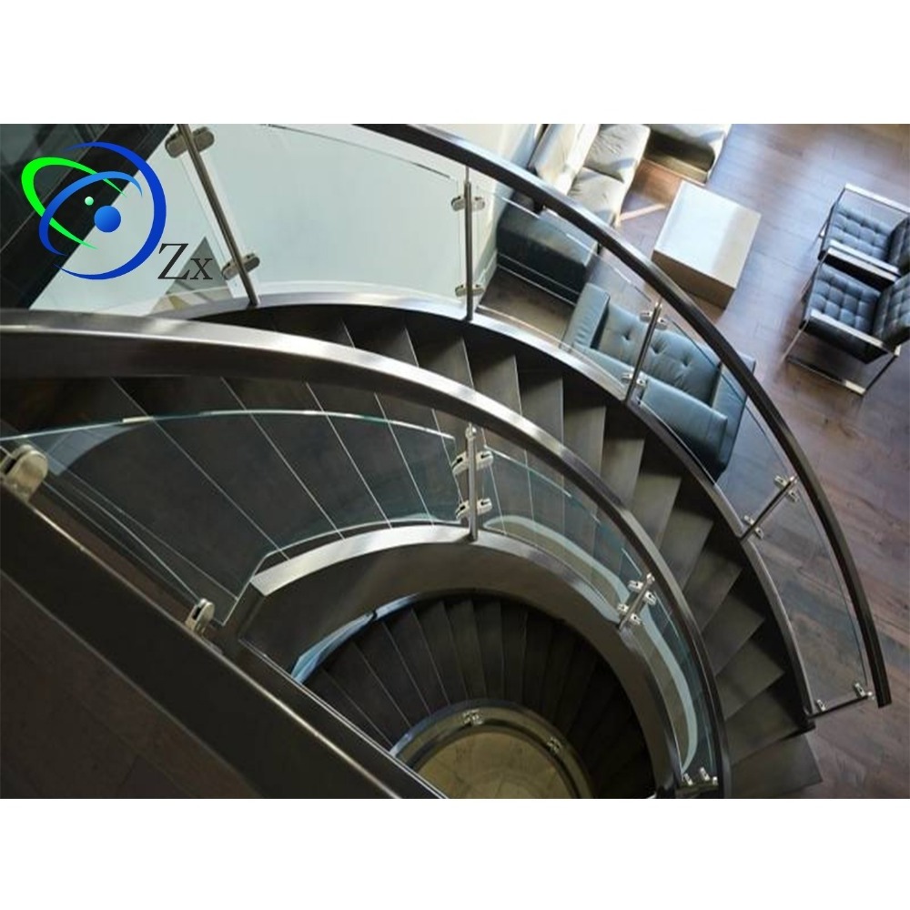 USA custom-made curved stair glass balustrade / stainless steel post with glass clamp / spiral glass railing staircase