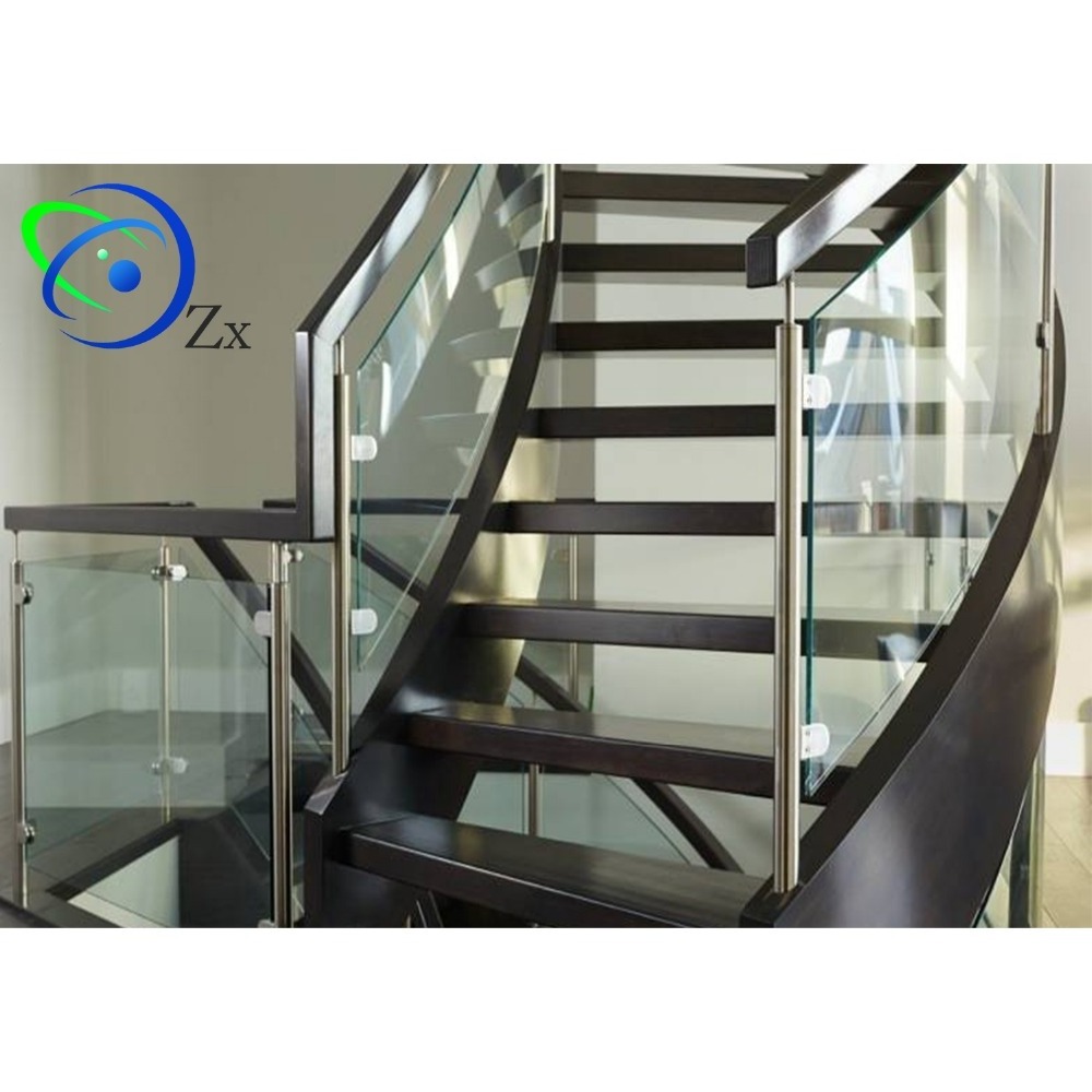 USA custom-made curved stair glass balustrade / stainless steel post with glass clamp / spiral glass railing staircase