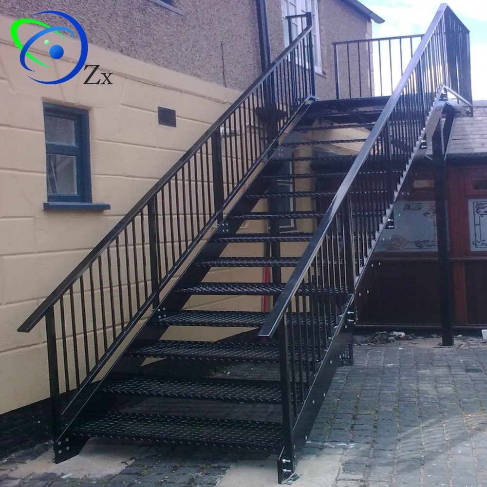 Outdoor metal fire escape staircase /exterior prefab mild steel stairs/prefabricated wrought iron stair handrail