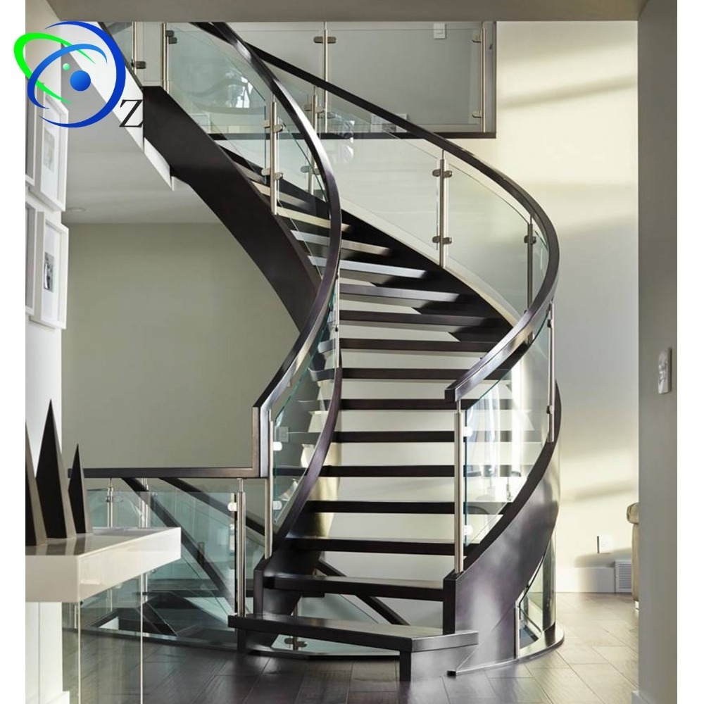 USA custom-made curved stair glass balustrade / stainless steel post with glass clamp / spiral glass railing staircase