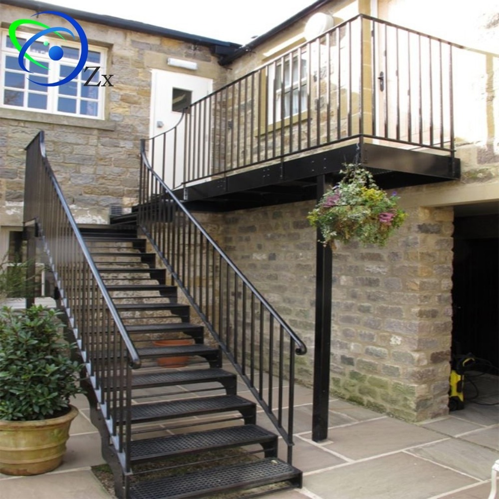 Outdoor metal fire escape staircase /exterior prefab mild steel stairs/prefabricated wrought iron stair handrail