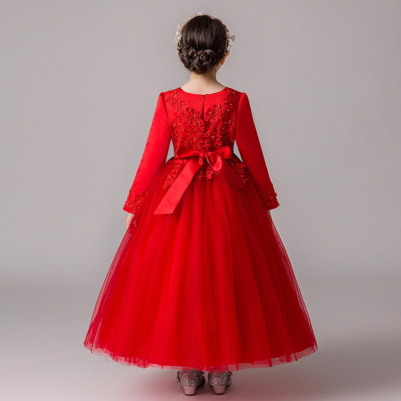 Flower Girl Dress Butterfly Tulle Elegant Girls Party Dresses Red Kids Long Sleeve Cny Clothes CK683