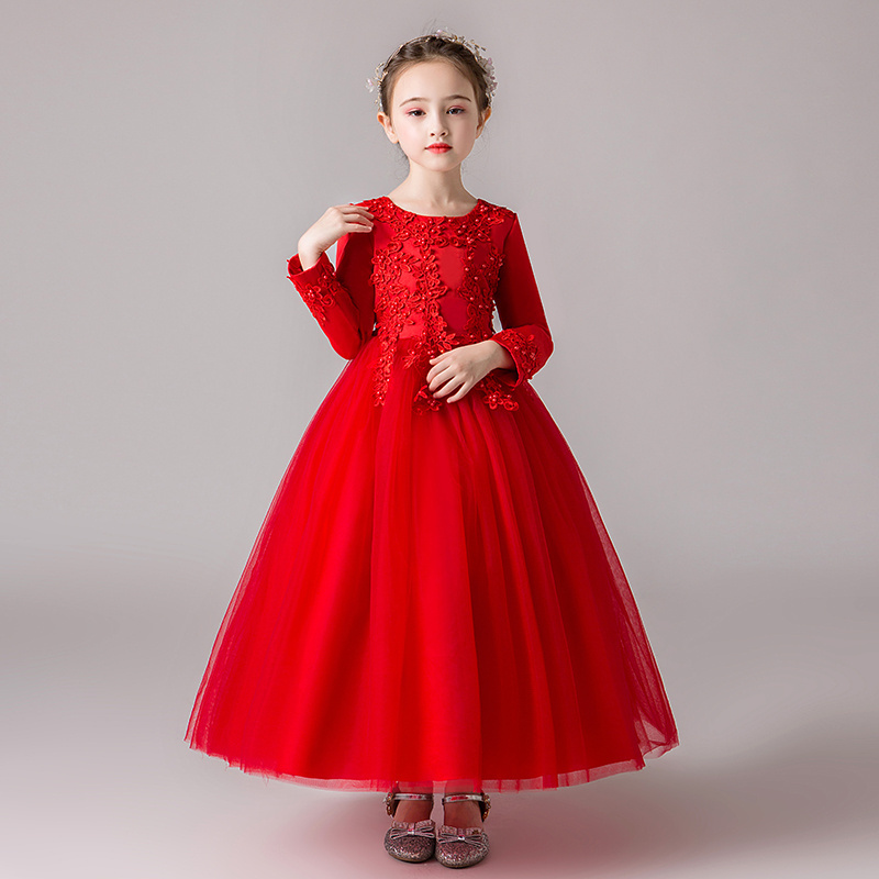 Flower Girl Dress Butterfly Tulle Elegant Girls Party Dresses Red Kids Long Sleeve Cny Clothes CK683