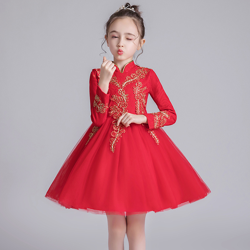 Girls Princess Dress  Long-Sleeved Chinese Style  Mesh Dresses Red Costumes Children's Girls Ball Gowns 1205