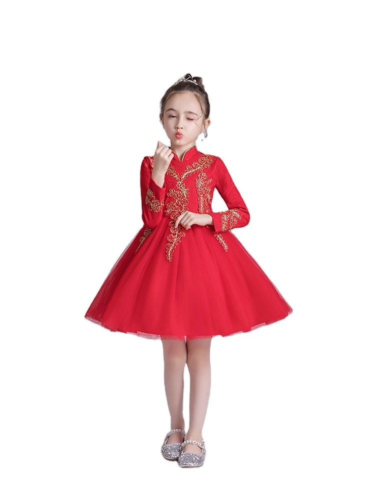 Girls Princess Dress  Long-Sleeved Chinese Style  Mesh Dresses Red Costumes Children's Girls Ball Gowns 1205