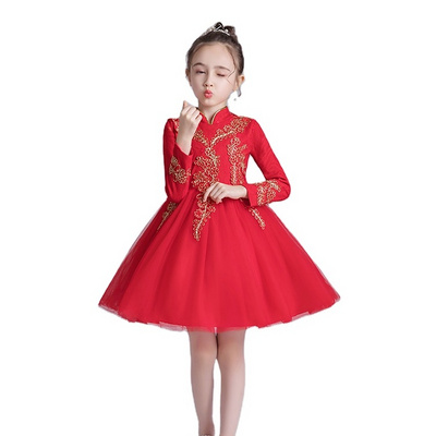 Girls Princess Dress  Long-Sleeved Chinese Style  Mesh Dresses Red Costumes Children's Girls Ball Gowns 1205