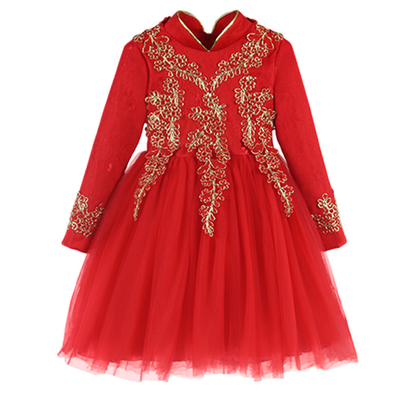 Girls Princess Dress  Long-Sleeved Chinese Style  Mesh Dresses Red Costumes Children's Girls Ball Gowns 1205