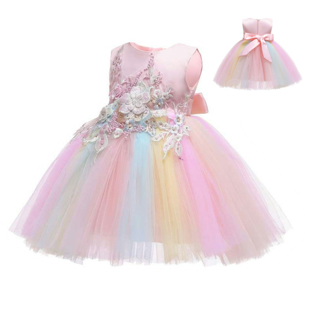 Toddler Kids Colorful Tulle Dress Baby Rainbow Princess Tutu  Outfits Fashion Sleeveless Fancy  Girls Dresses  B-8752