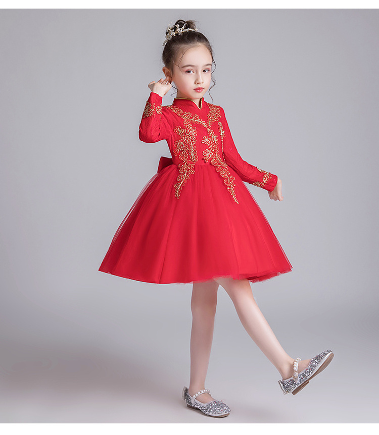 Girls Princess Dress  Long-Sleeved Chinese Style  Mesh Dresses Red Costumes Children's Girls Ball Gowns 1205