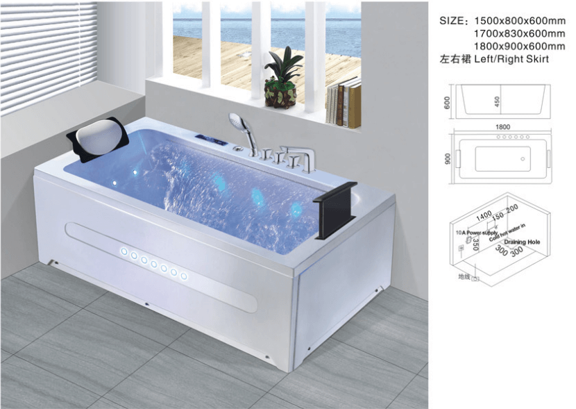 long computer controlled apollo massage bathtub with seat