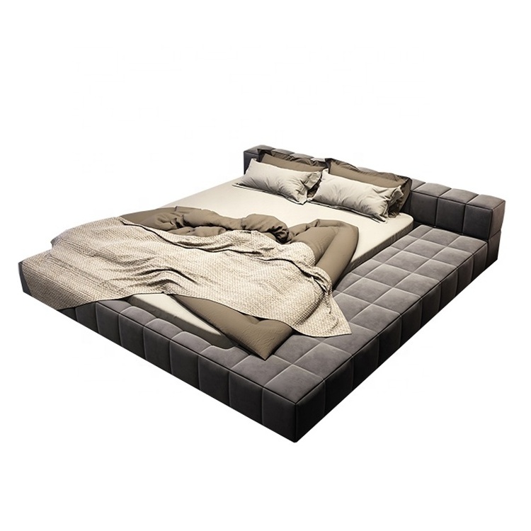 Luxury modern grey velvet full bed frame italian bed with extended headboard king size Dark