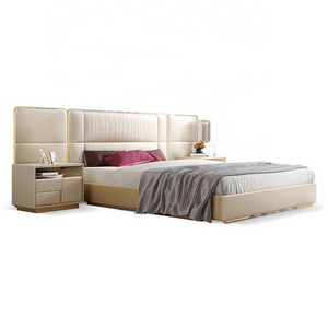 Light luxury bedroom Italian modern leather upholstered storage bed big white leather headboard vip bed