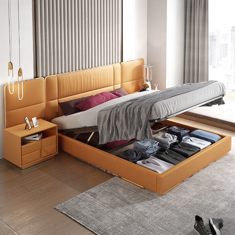 Light luxury bedroom Italian modern leather upholstered storage bed big white leather headboard vip bed