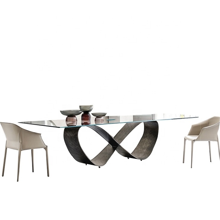 Royal Imperial Palace Style Lavish Gold Plated Long modern glass Dining Table with 6 Chairs for villa