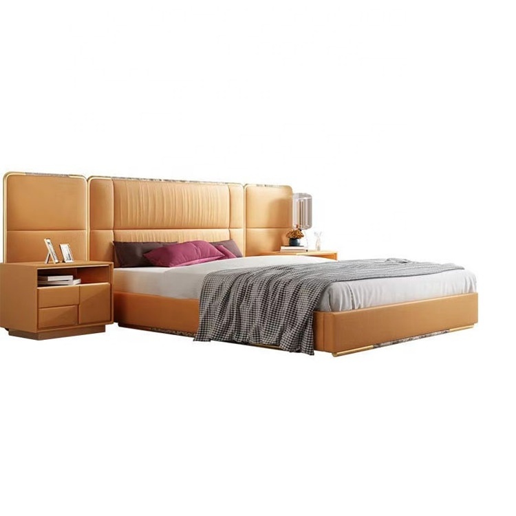 Light luxury bedroom Italian modern leather upholstered storage bed big white leather headboard vip bed