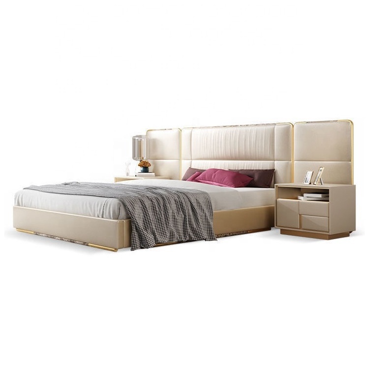 Light luxury bedroom Italian modern leather upholstered storage bed big white leather headboard vip bed