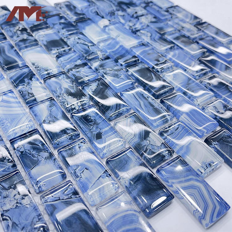 Blue Waterproof Glossy Bathroom Kitchen Backsplash Glass Mosaic Wall