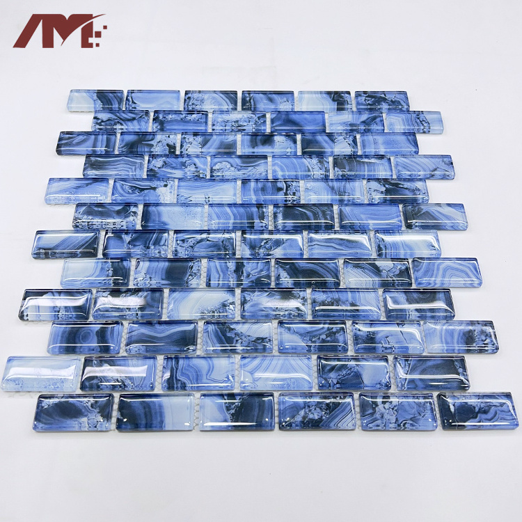 Blue Waterproof Glossy Bathroom Kitchen Backsplash Glass Mosaic Wall