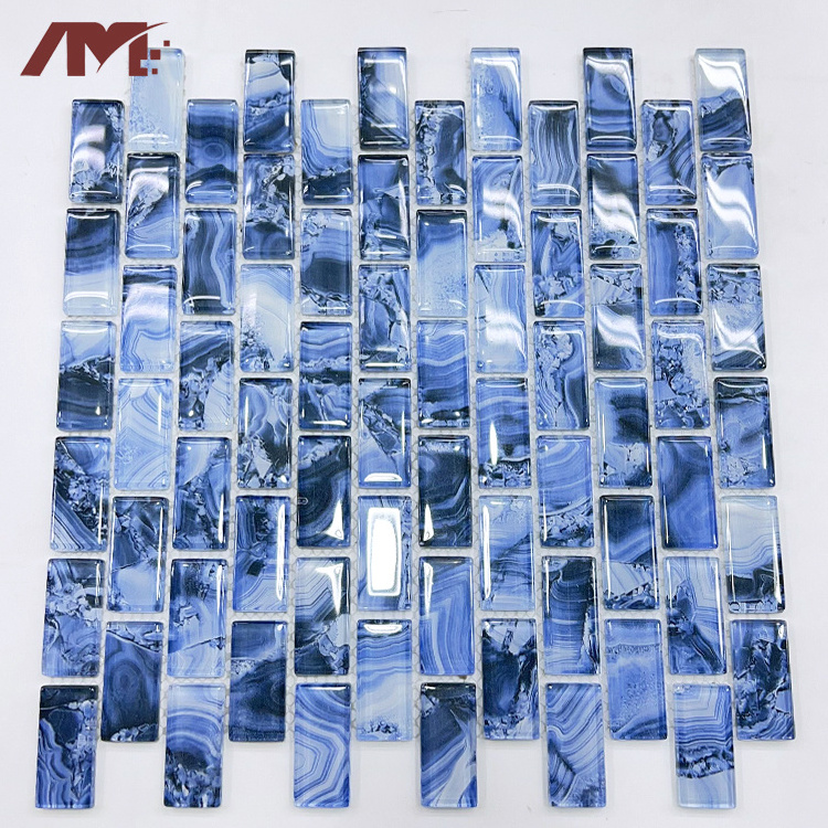 Blue Waterproof Glossy Bathroom Kitchen Backsplash Glass Mosaic Wall