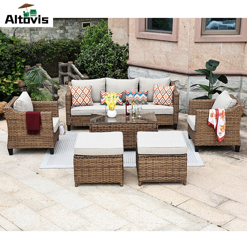 modern style all weather rattan / wicker outdoor patio rattan sofa white cushions garden furniture for villa courtyard