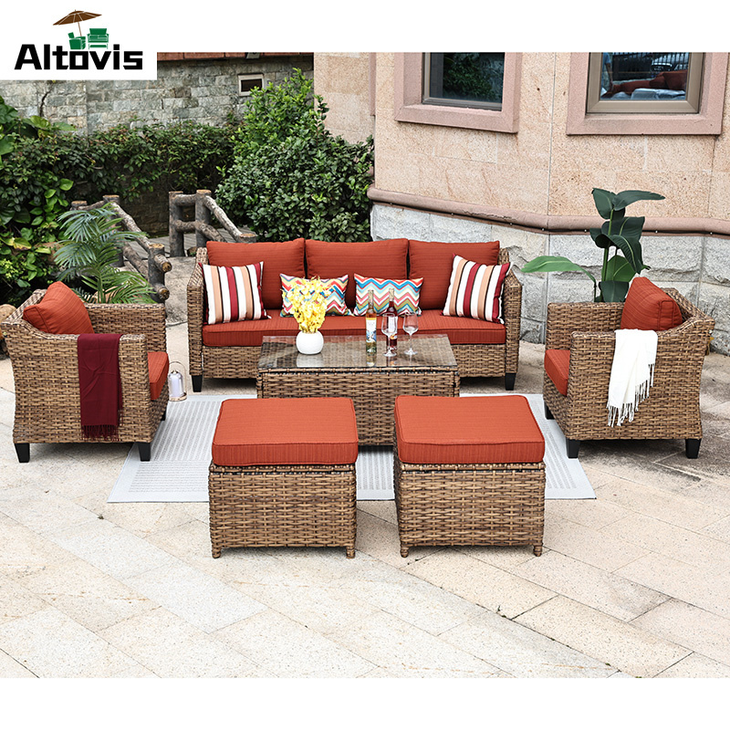 hot selling all weather wicker garden sofa set rugged steel frame outdoor rattan wicker patio furniture with cushions