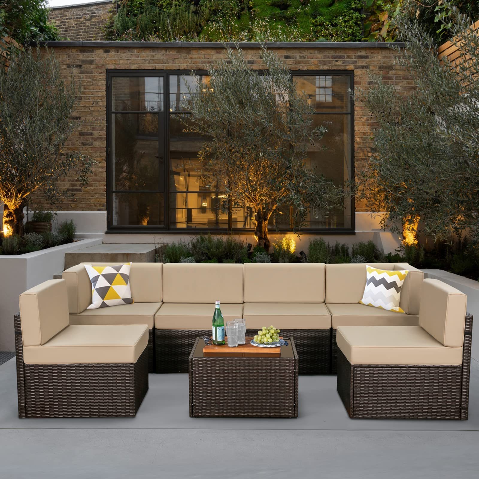 7 Piece Outdoor Patio Furniture Sectional PE Rattan Wicker Sofa Set with Cushions and Tea Table