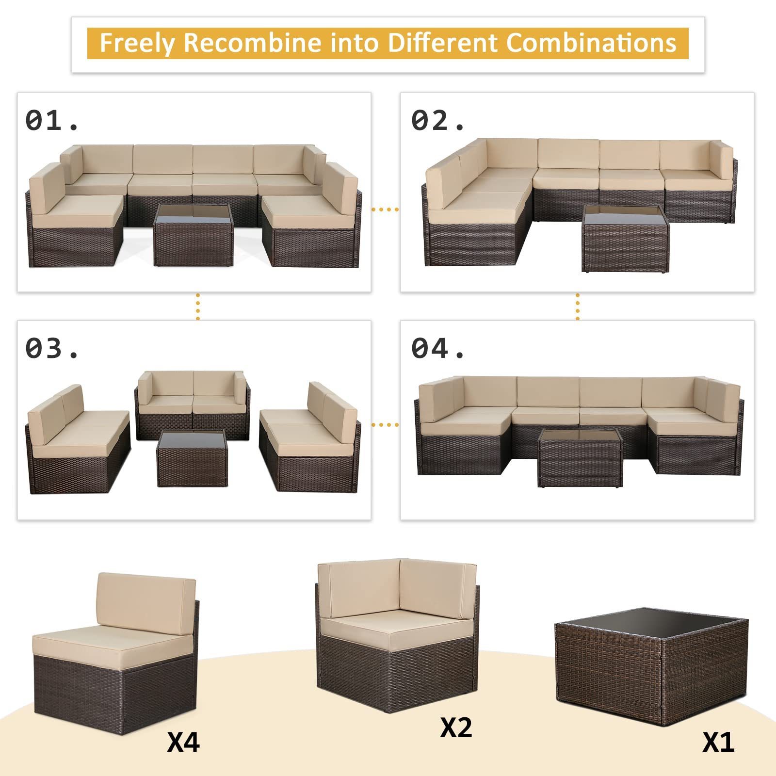 7 Piece Outdoor Patio Furniture Sectional PE Rattan Wicker Sofa Set with Cushions and Tea Table