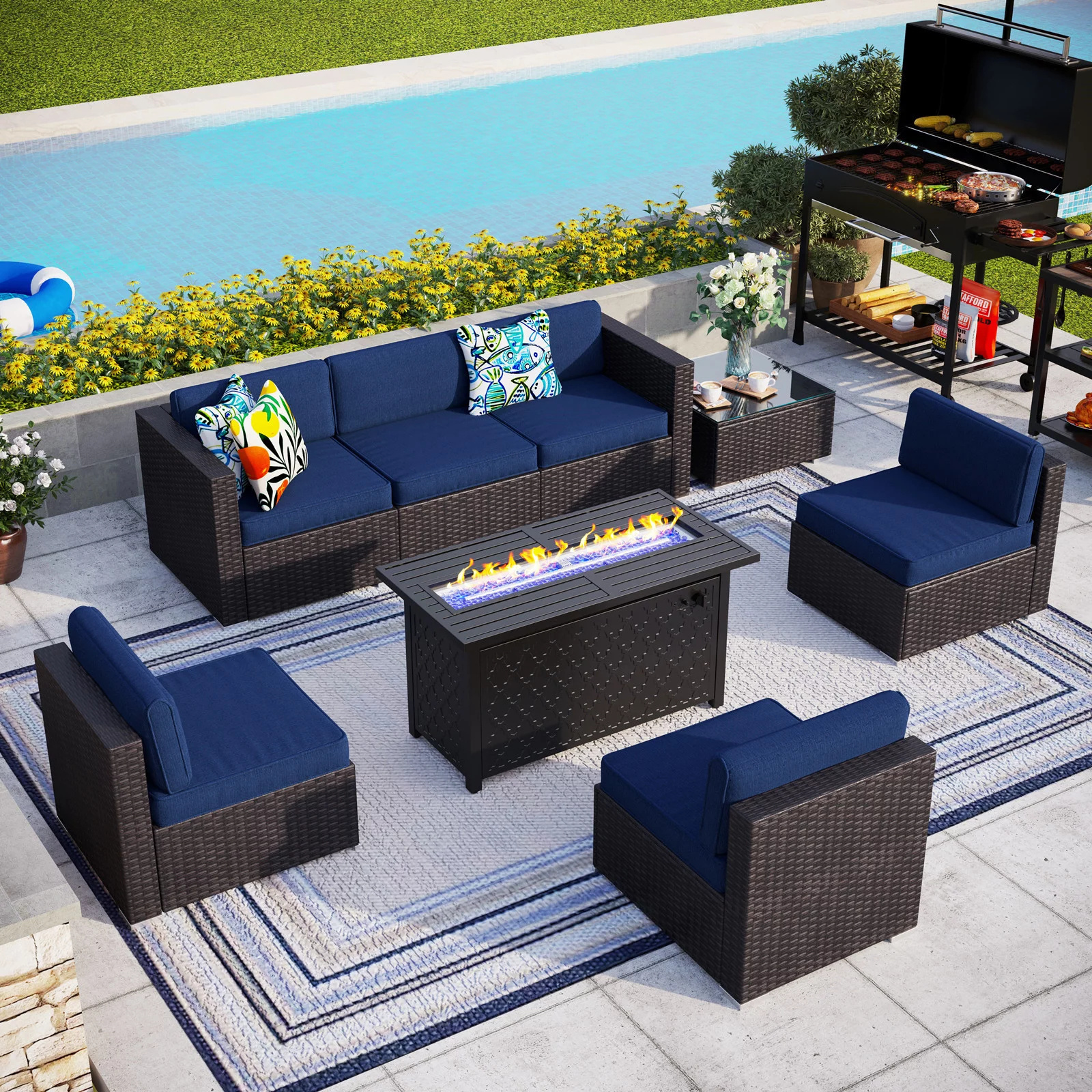 Custom Elegant 8 PCS Wicker Patio Conversation Sofa Set Outdoor Garden Furniture Set with Fire Pit Table