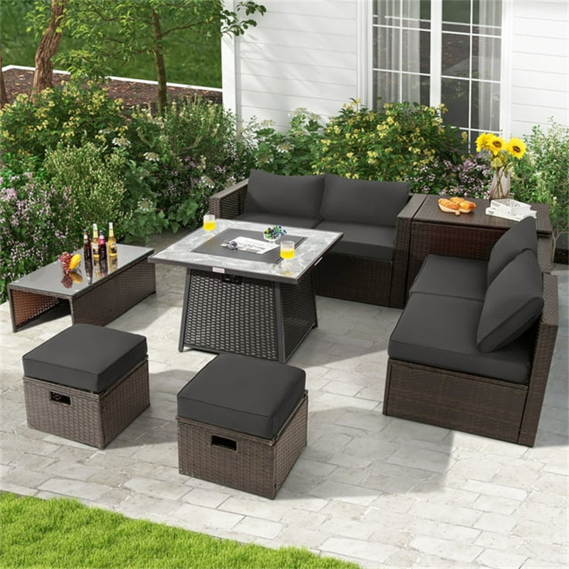 9 pieces outdoor patio PE wicker furniture space-saving sectional sofa set with 35-inch propane fire pit table