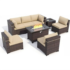 Altovis 8 pcs outdoor furniture PE wicker rattan sectional sofa patio conversation set with gas propane fire pit table