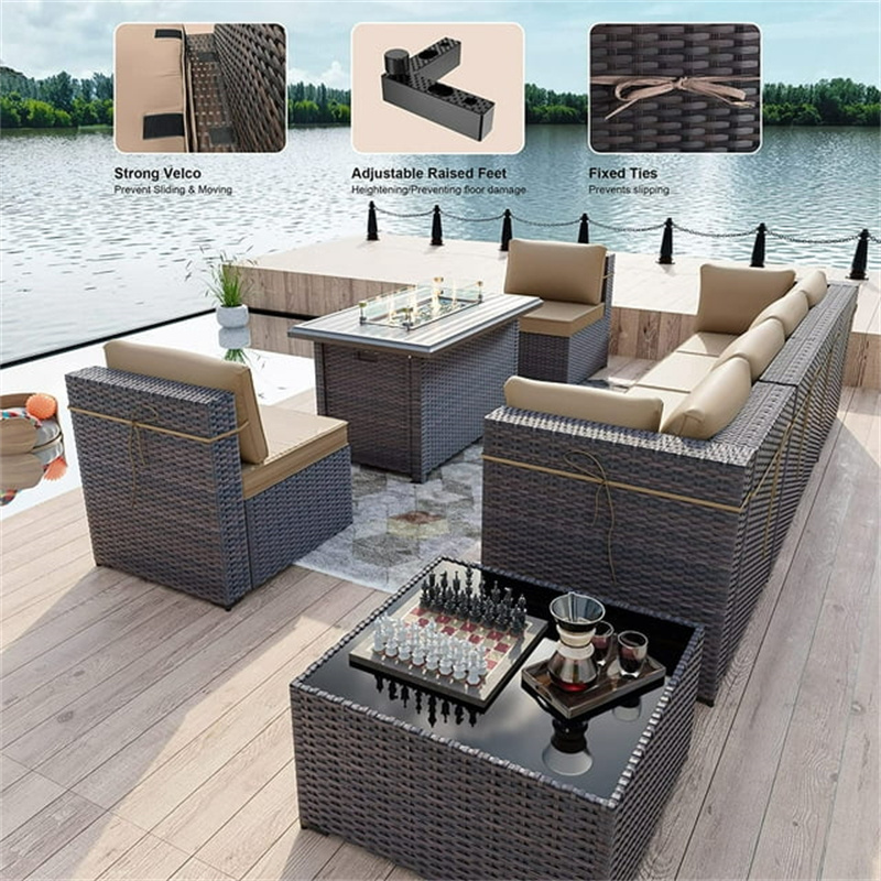 Altovis 8 pcs outdoor furniture PE wicker rattan sectional sofa patio conversation set with gas propane fire pit table