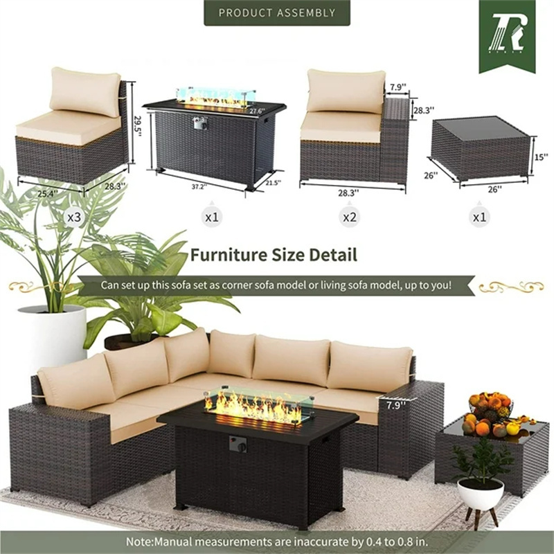 high quality nordic outdoor furniture plastic rattan wicker villa patio garden sectional sofa with fire pit table