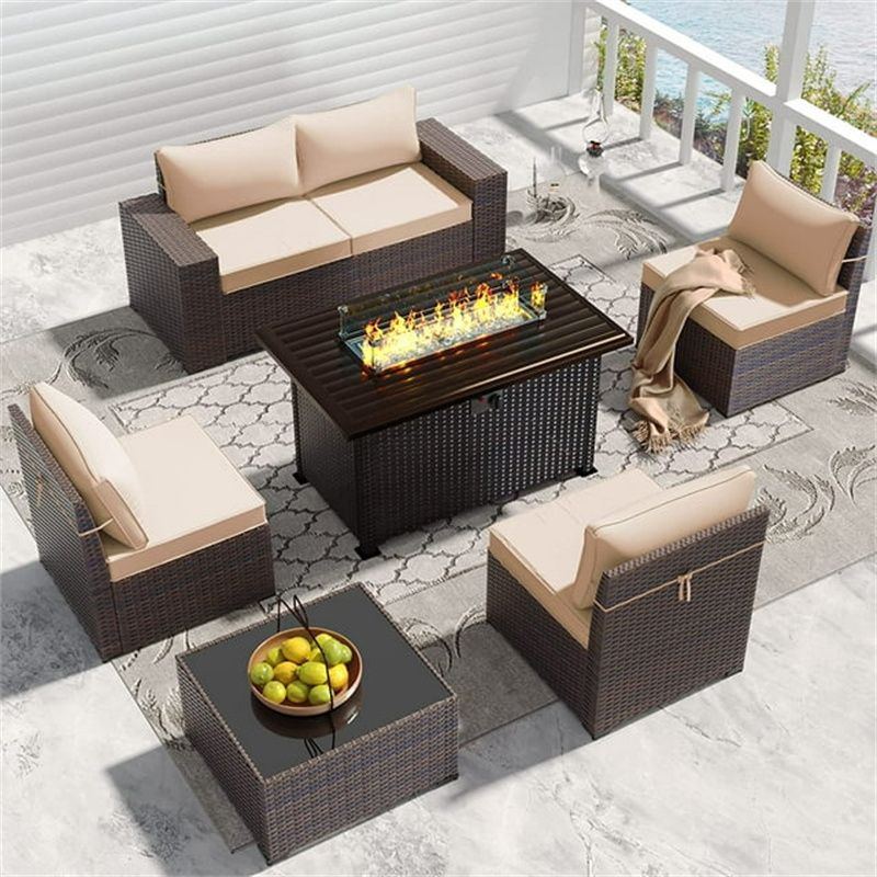 high quality nordic outdoor furniture plastic rattan wicker villa patio garden sectional sofa with fire pit table