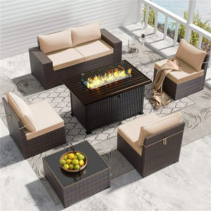 high quality nordic outdoor furniture plastic rattan wicker villa patio garden sectional sofa with fire pit table