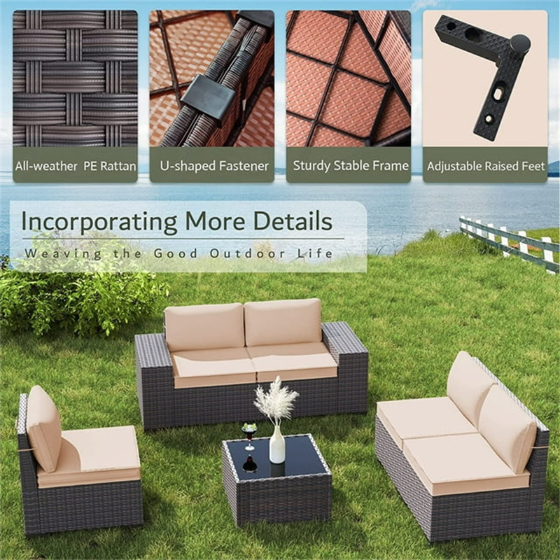 high quality nordic outdoor furniture plastic rattan wicker villa patio garden sectional sofa with fire pit table