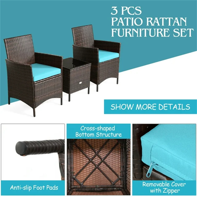 China Manufacture 3 Pieces Patio Rattan Conversation Furniture Wicker Sofa Set with Coffee Table & Cushions