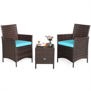 China Manufacture 3 Pieces Patio Rattan Conversation Furniture Wicker Sofa Set with Coffee Table & Cushions