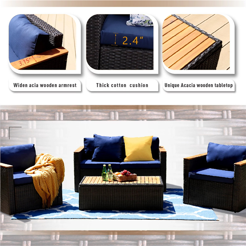 4pcs deep seat cushioned plastic rattan patio furniture sofa outdoor conversation set with fire pit table for sale