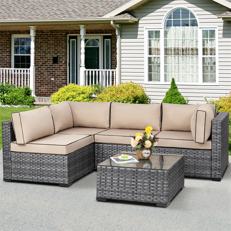 Classic 5 Pieces Patio Furniture Sets Wicker Rattan Outdoor Sectional Sofa with Glass Table and Cushions