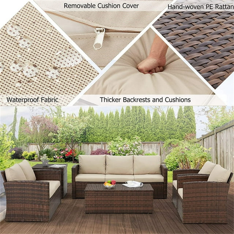 Custom easy-to-maintain 7 pieces handwoven PE rattan wicker outdoor furniture patio sofa set