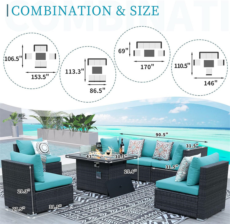 Altovis luxury outdoor seating group PE rattan modern garden furniture sofa set with fire pit table